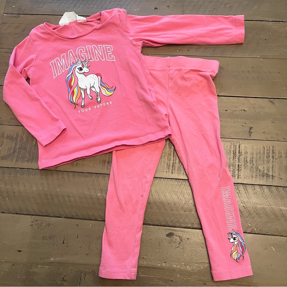 H&M 2T pink unicorn graphic long sleeve tee and leggings set